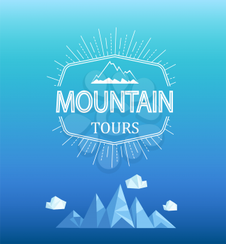 Vector mountain emblem in outline style. Geometric mountain and clouds in polygon style.