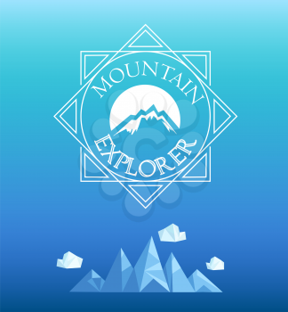 Vector mountain emblem. Geometric crystal mountain and clouds.