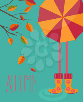 Vector illustration of a autumn season in flat style - tree with leafs and girl with a bright umbrella and boots with the inscription made by hand the Autumn.