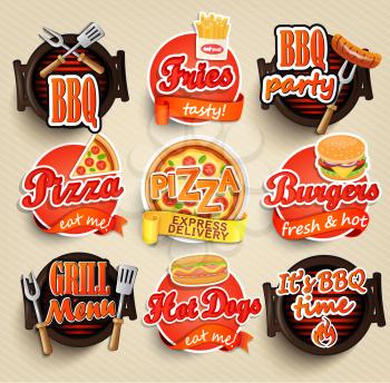 Fast food and BBQ Grill elements, Typographical Design Label or Sticer - burgers, pizza, hot dog, fries - Design Template. Vector illustration.