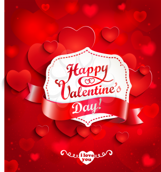 Valentines day background with hearts and vintage frame and ribbon for text in paper style