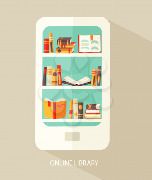 Flat design vector illustration concept for digital library, online book store, e-reading, vector.