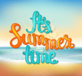 Summer beach background with hand made calligraphic inscription. Summer typography design, vector illustration.