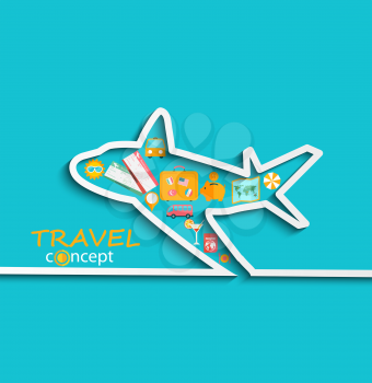 Concept of the travel - path of the aircraft in paper style with shadow and with flat icons of a bright sky-blue background , vector.