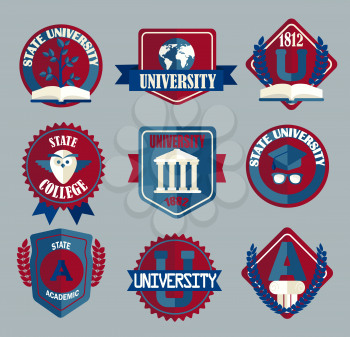 Vector set of university and college school badges in flat style.