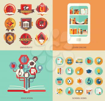 Set the flat elements and icons school and science, university and library , training.