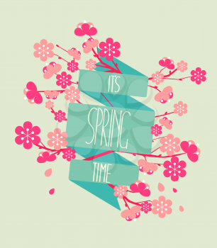Vector illustration - spring season - cherry blossoms on a background of vintage ribbon with the inscription Spring is coming.