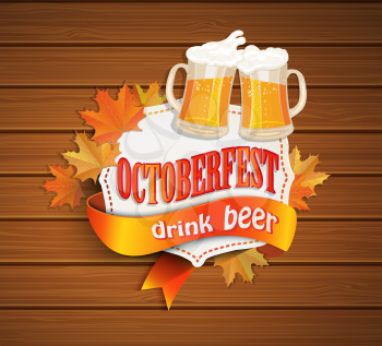 Oktoberfest vintage frame with beer and autumn leafs on the wood background . Poster template. Vector illustration, EPS 10.