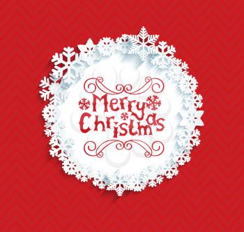 Circular frame with snowflakes with shadow and lettering merry Christmas. Christmas red background. Vector illustration.