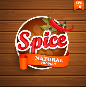 Sticker with spice inscription, with pepper, paprika and leaves with a vintage banner on a wooden background, vector illustration.