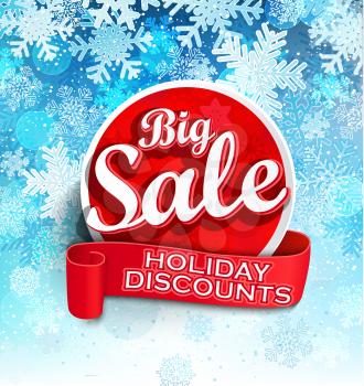 Big sale holiday discount sticer with ribbon on the winter background, vector illuatration.