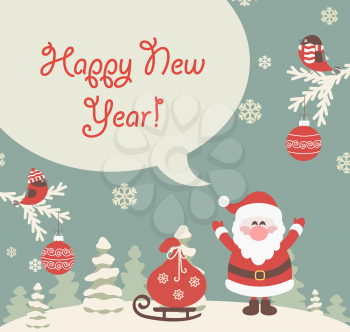 New Year flat vector illustration.Snow landscape background with christmas trees and santa.