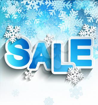 Winter sale inscription on bright blue background with snowflakes, vector illustration.