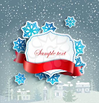 Winter background with a vintage paper frame for the text and snowflakes. Merry Christmas Landscape. Vector.