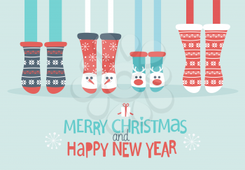 Family feet in Christmas socks. Winter holiday concept. Merry Christmas and Happy new year lettering. Vector illustration.