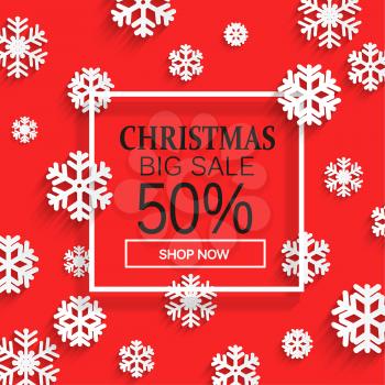 Christmas sale. Christmas abstract red background with snowflakes. Vector illustration banner.