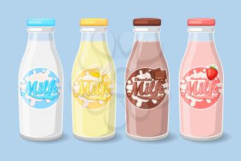 Bottles with strawberry, banana and chocolate milk Label Template. Vector illustration.