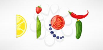 The concept of diet, nutrition, healthy lifestyles - a plate with the word diet with fruits, vegetables, berries. Vector design for diet menu, cafe, restaurant.