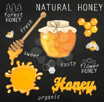 Vector illustration set of jars with honey, honeycomb, lettering and bees. Natural healthy food production. Blackboard background.