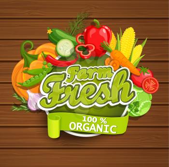 Farm fresh vegetables label. Wooden background. Organic farm illustration. Healthy lifestyle vector illustration design elements.