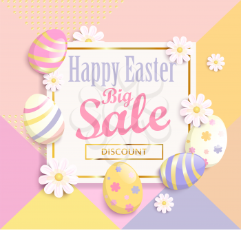 Happy Easter big sale banner, template with beautiful colorful spring flowers and eggs. Geometric background, dots pattern. Vector illustration.