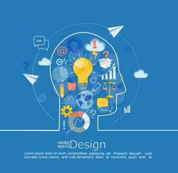 Concept of big ideas inspiration innovation, invention, effective thinking, text. Infographic in line style with flat set business icon, vector illustration.