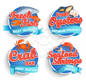 Set of fresh seafood logo and emblems. Fresh fish, oysters, shrimps and crab bar. Vector illustration. For markets, shops and your design.