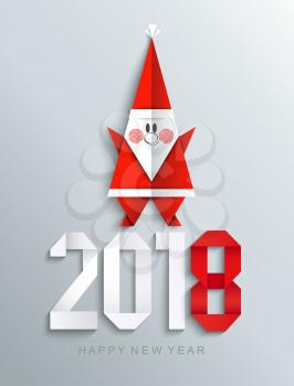 New 2018 year paper greeting card made in origami style with paper Santa, vector illustration.