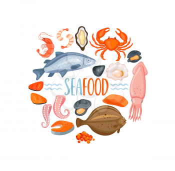 Set of seafod icons in cartoon style, vector illustration. Shellfish, oyster and crab, salmon, shrimp and octopus, prawn, mussel, flounder, sea fish, oysters and mussels, fish steak and caviar.