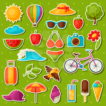 Set of summer stickers. Design for cards, covers, brochures and advertising booklets.