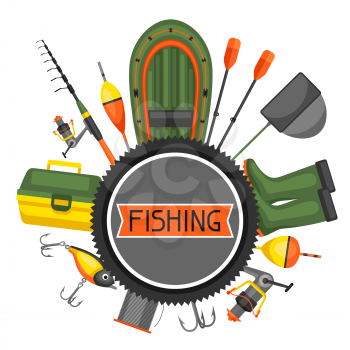 Background with fishing supplies. Design for flyers, covers, brochures and advertising booklets.
