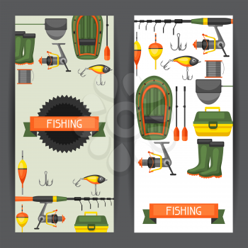 Background with fishing supplies. Design for flayers, covers, brochures and advertising booklets.