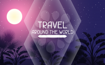 Travel around the world. Tropical background with landscape, moon and palm trees.