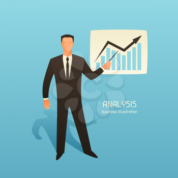 Analysis business conceptual illustration with businessman and growth graph. Image for web sites, articles, magazines.