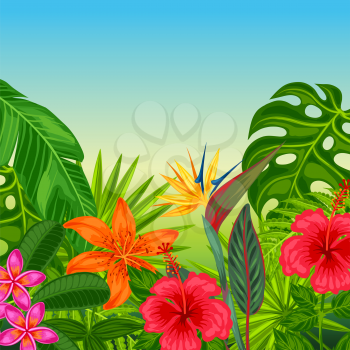 Background with stylized tropical plants, leaves and flowers. Image for advertising booklets, banners, flayers, cards.