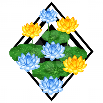 Natural background with lotus flowers and leaves. Image for design on t-shirts, prints, decorations brochures, websites.