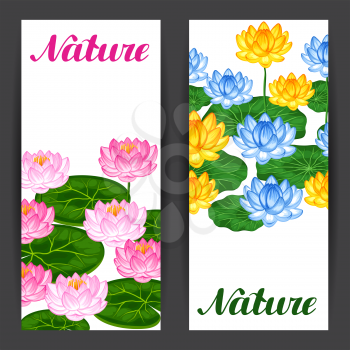 Natural banners with lotus flowers and leaves. Design for cards, flayers, brochures, advertising booklets.