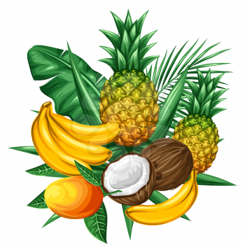 Background with tropical fruits and leaves. Design for advertising booklets, labels, packaging, textile printing.
