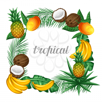 Frame with tropical fruits and leaves. Design for advertising booklets, labels, packaging, menu.