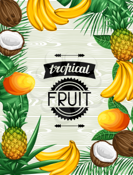 Background with tropical fruits and leaves. Design for advertising booklets, labels, packaging, menu.