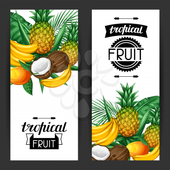 Banners with tropical fruits and leaves. Design for advertising booklets, labels, packaging, menu.