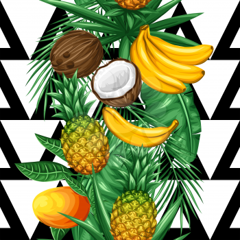 Seamless pattern with tropical fruits and leaves. Background made without clipping mask. Easy to use for backdrop, textile, wrapping paper.
