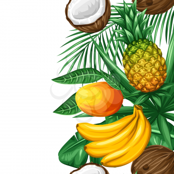 Seamless border with tropical fruits and leaves. Background made without clipping mask. Easy to use for backdrop, textile, wrapping paper.