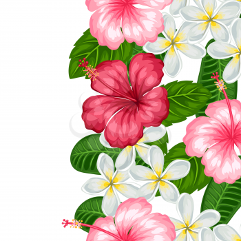 Seamless border with tropical flowers hibiscus and plumeria. Background made without clipping mask. Easy to use for backdrop, textile, wrapping paper.