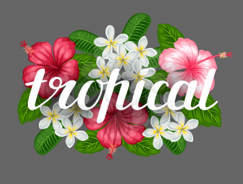 Background with tropical flowers hibiscus and plumeria. Image for design on t-shirts, prints, invitations, greeting cards, posters.