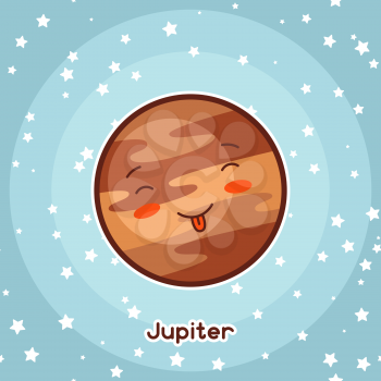 Kawaii space card. Doodle with pretty facial expression. Illustration of cartoon jupiter in starry sky.