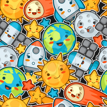 Kawaii space seamless pattern. Doodles with pretty facial expression. Illustration of cartoon sun, earth, moon, rocket and celestial bodies.
