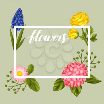 Invitation card with garden flowers. Decorative hortense, ranunculus, muscari and marguerite. Image for wedding invitations, romantic cards, posters.