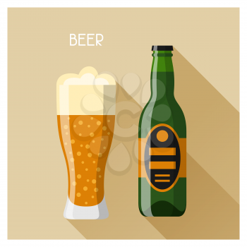 Bottle and glass of beer in flat design style.