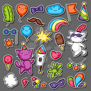 Carnival party kawaii sticker set. Cute cats, decorations for celebration, objects and symbols.